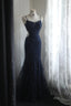 Elegant Navy Blue Mermaid Spaghetti Strap Lace Long Classy Prom Dress
