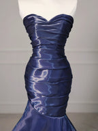 Elegant Navy Blue Mermaid Strapless Pleated Satin Long Classy Prom Dress