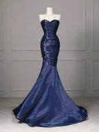 Elegant Navy Blue Mermaid Strapless Pleated Satin Long Classy Prom Dress