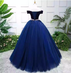 Elegant Navy Blue Off-The-Shoulder Velvet Tulle Ball Gown Prom Dress Sweet 16 Dress