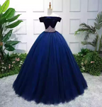 Elegant Navy Blue Off-The-Shoulder Velvet Tulle Ball Gown Prom Dress Sweet 16 Dress