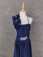 Elegant Navy Blue One-Shoulder 3D Floral Chiffon Long Classy Prom Dress