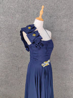 Elegant Navy Blue One-Shoulder 3D Floral Chiffon Long Classy Prom Dress