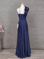 Elegant Navy Blue One-Shoulder 3D Floral Chiffon Long Classy Prom Dress