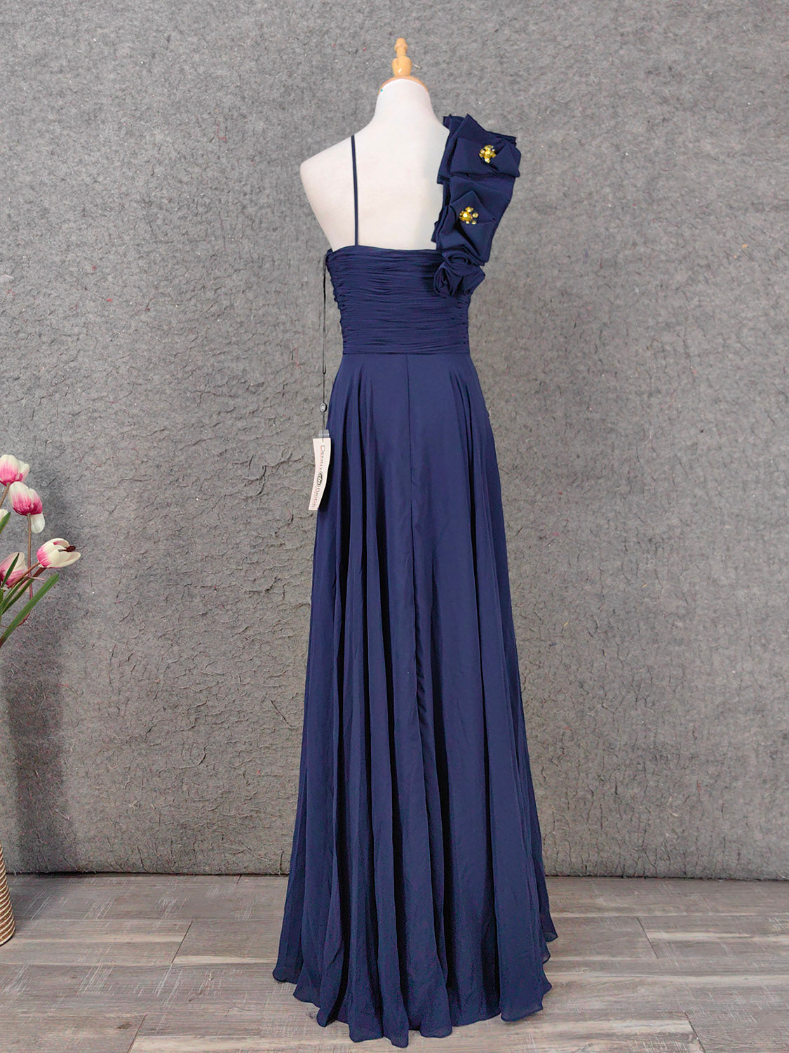 Elegant Navy Blue One-Shoulder 3D Floral Chiffon Long Classy Prom Dress
