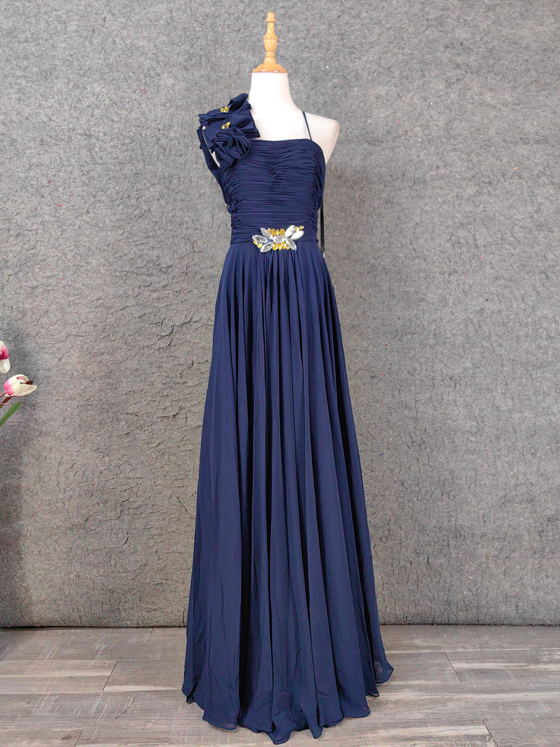 Elegant Navy Blue One-Shoulder 3D Floral Chiffon Long Classy Prom Dress