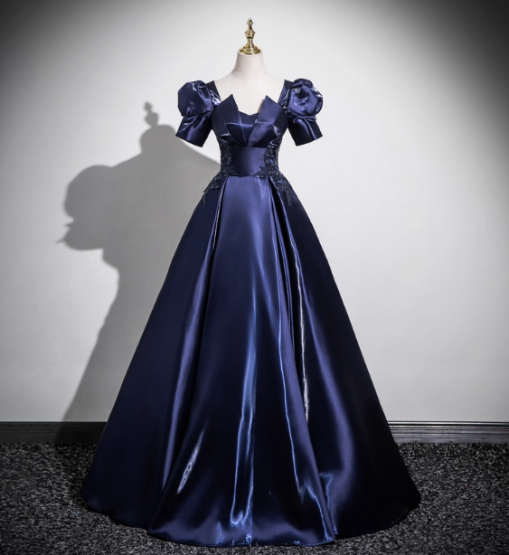 Elegant Navy Blue Puff Sleeve Satin Long Ball Gown Prom Dress Sweet 16 Dress Secondary image