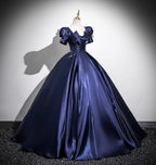 Elegant Navy Blue Puff Sleeve Satin Long Ball Gown Prom Dress Sweet 16 Dress