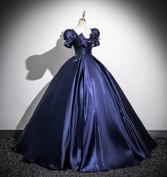 Elegant Navy Blue Puff Sleeve Satin Long Ball Gown Prom Dress Sweet 16 Dress