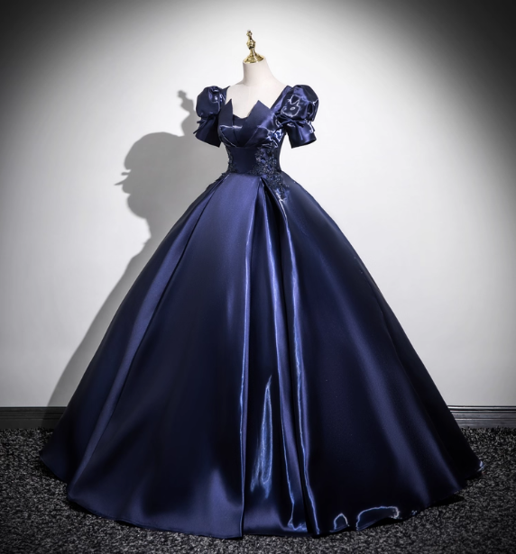 Elegant Navy Blue Puff Sleeve Satin Long Ball Gown Prom Dress Sweet 16 Dress