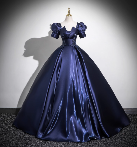 Elegant Navy Blue Puff Sleeve Satin Long Ball Gown Prom Dress Sweet 16 Dress Main image