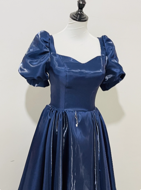 Elegant Navy Blue Puffed Short Sleeve Satin Long Classy Prom Dress