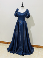Elegant Navy Blue Puffed Short Sleeve Satin Long Classy Prom Dress