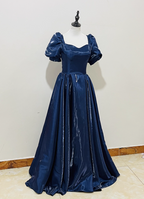 Elegant Navy Blue Puffed Short Sleeve Satin Long Classy Prom Dress
