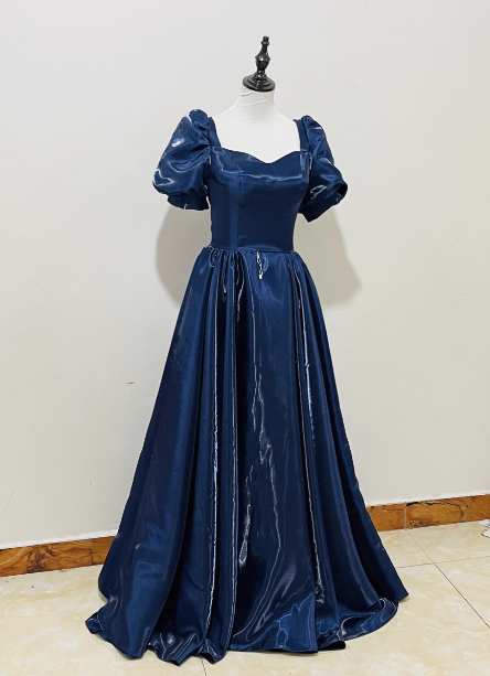 Elegant Navy Blue Puffed Short Sleeve Satin Long Classy Prom Dress