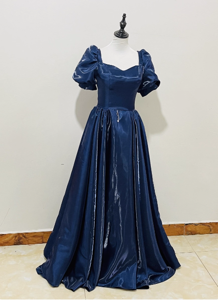 Elegant Navy Blue Puffed Short Sleeve Satin Long Classy Prom Dress Main image