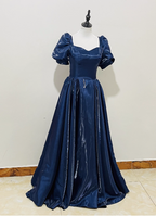 Elegant Navy Blue Puffed Short Sleeve Satin Long Classy Prom Dress