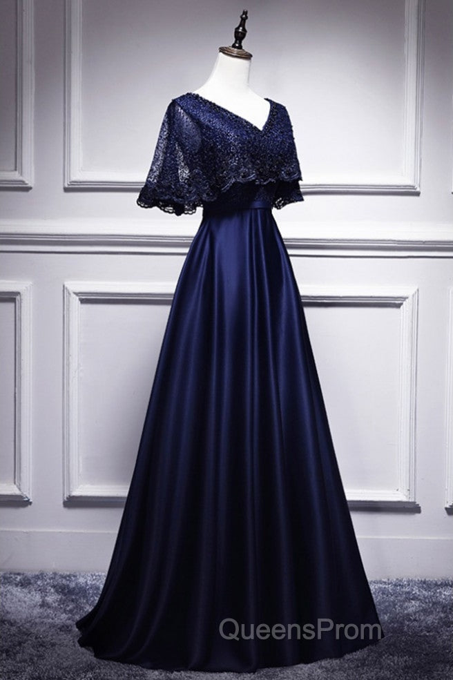Elegant Navy Blue Short Sleeved Beaded Cape With Satin Lace Navy Blue V-Neck Backless And Ground Length Evening Dress Secondary image