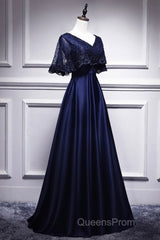 Elegant Navy Blue Short Sleeved Beaded Cape With Satin Lace Navy Blue V-Neck Backless And Ground Length Evening Dress