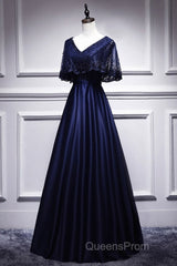 Elegant Navy Blue Short Sleeved Beaded Cape With Satin Lace Navy Blue V-Neck Backless And Ground Length Evening Dress