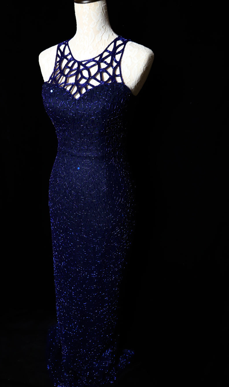 Elegant Navy Blue Sleeveless Cutout Halter Mermaid Bead Embroidered Lace Classy Prom Dress Secondary image