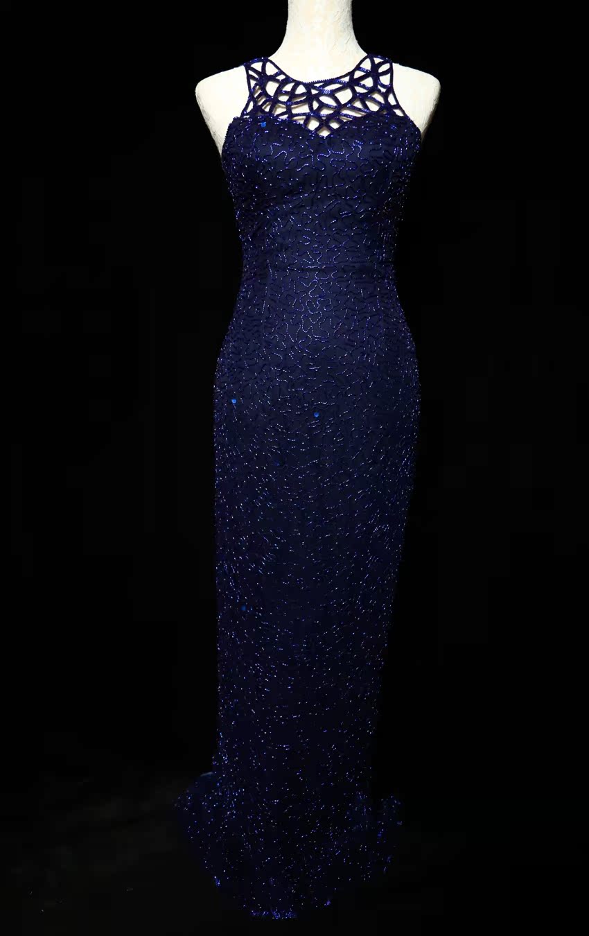 Elegant Navy Blue Sleeveless Cutout Halter Mermaid Bead Embroidered Lace Classy Prom Dress Main image