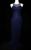 Elegant Navy Blue Sleeveless Cutout Halter Mermaid Bead Embroidered Lace Classy Prom Dress