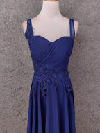 Elegant Navy Blue Spaghetti Strap Lace Ruffled Chiffon Long Classy Prom Dress