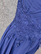 Elegant Navy Blue Spaghetti Strap Lace Ruffled Chiffon Long Classy Prom Dress