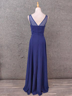 Elegant Navy Blue Spaghetti Strap Lace Ruffled Chiffon Long Classy Prom Dress