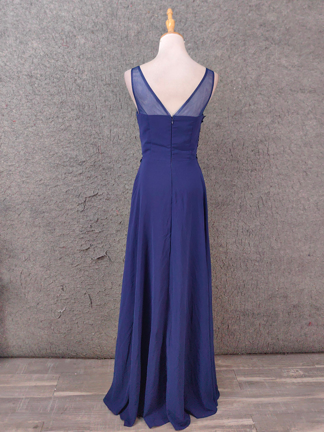 Elegant Navy Blue Spaghetti Strap Lace Ruffled Chiffon Long Classy Prom Dress