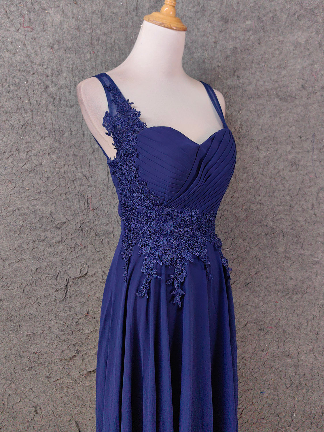 Elegant Navy Blue Spaghetti Strap Lace Ruffled Chiffon Long Classy Prom Dress