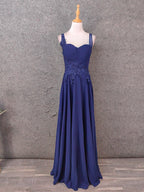 Elegant Navy Blue Spaghetti Strap Lace Ruffled Chiffon Long Classy Prom Dress