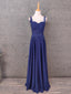 Elegant Navy Blue Spaghetti Strap Lace Ruffled Chiffon Long Classy Prom Dress