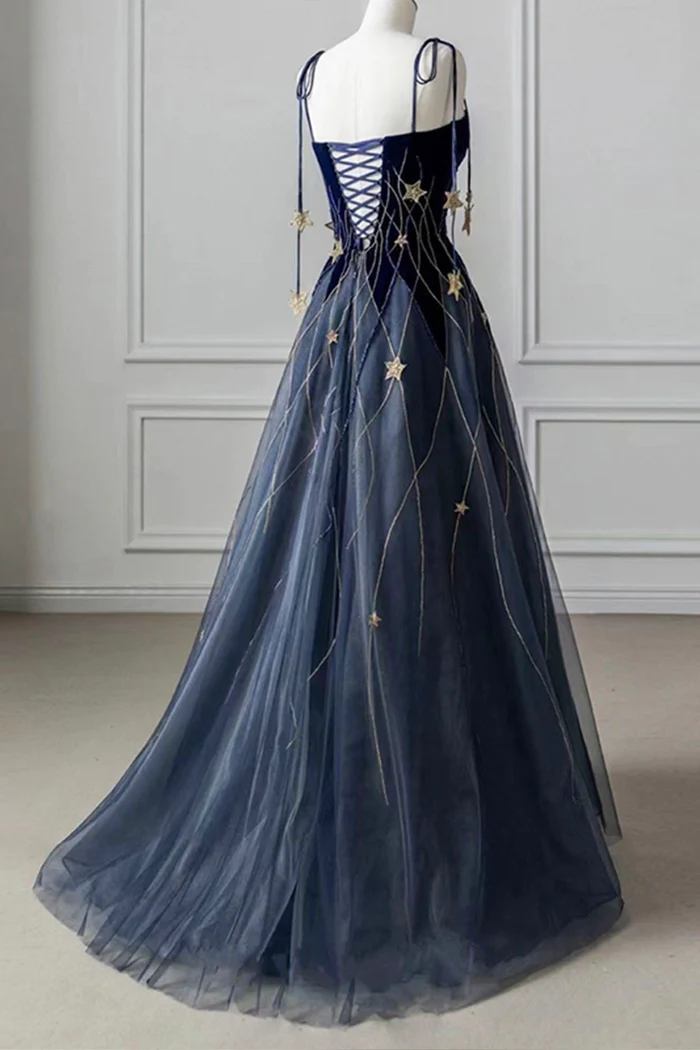 Elegant Navy Blue Spaghetti Strap Long Classy Prom Dress With Star Secondary image