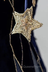 Elegant Navy Blue Spaghetti Strap Long Evening Prom Dress With Star