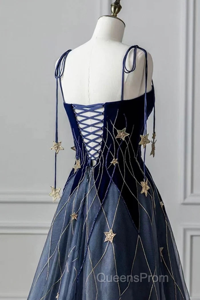 Elegant Navy Blue Spaghetti Strap Long Evening Prom Dress With Star