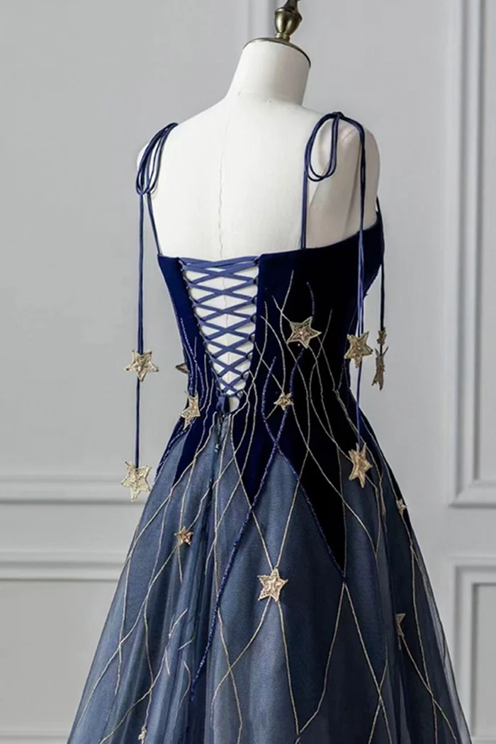Elegant Navy Blue Spaghetti Strap Long Classy Prom Dress With Star