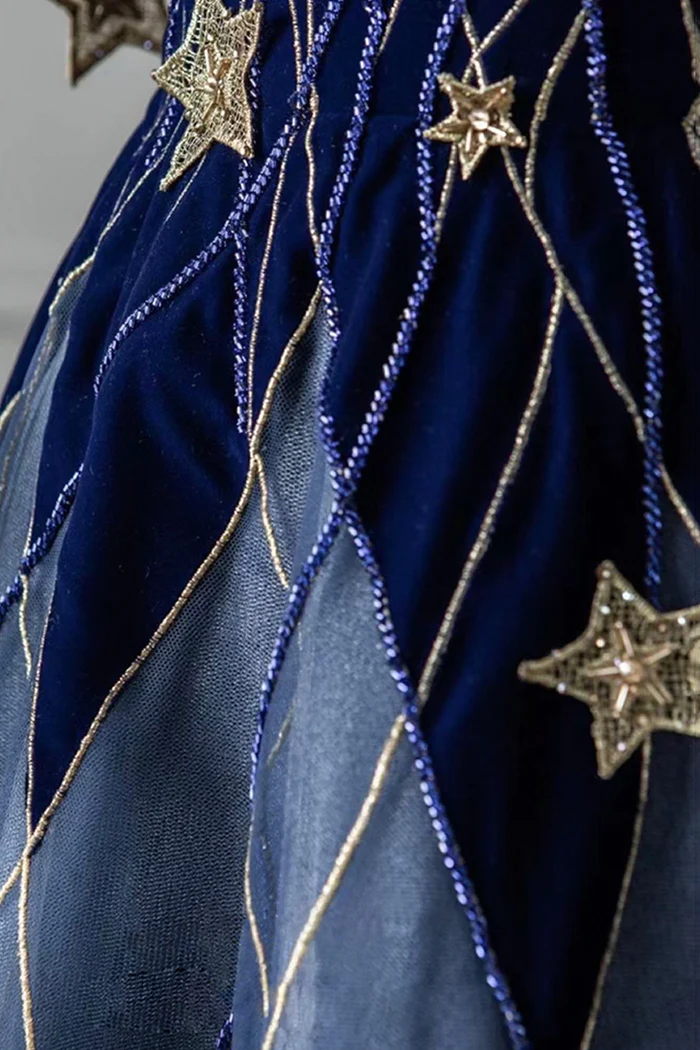 Elegant Navy Blue Spaghetti Strap Long Classy Prom Dress With Star