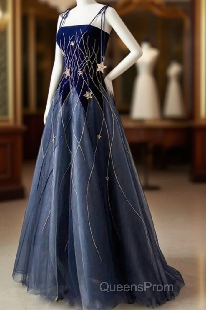 Elegant Navy Blue Spaghetti Strap Long Evening Prom Dress With Star Main image