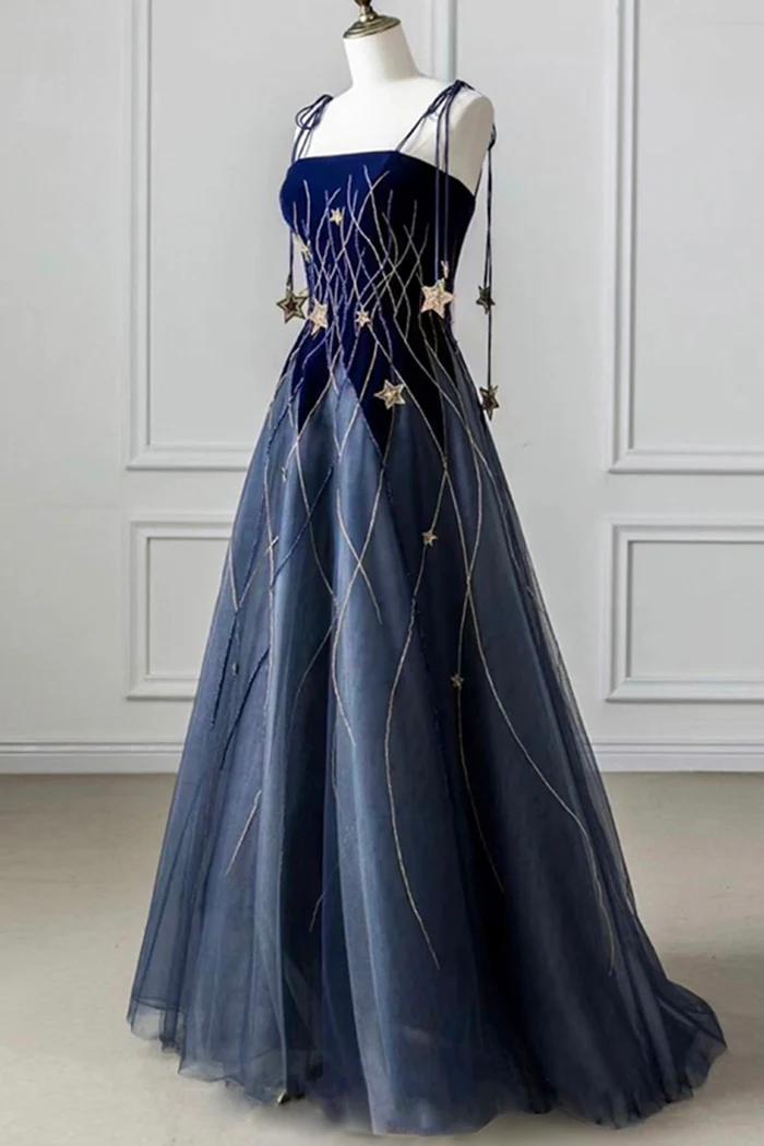 Elegant Navy Blue Spaghetti Strap Long Classy Prom Dress With Star Main image
