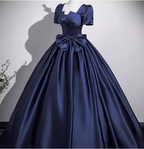 Elegant Navy Blue Square Neck Puff Sleeve Bow Satin Long Classy Prom Dress