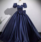 Elegant Navy Blue Square Neck Puff Sleeve Bow Satin Long Classy Prom Dress