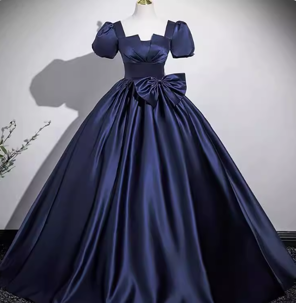 Elegant Navy Blue Square Neck Puff Sleeve Bow Satin Long Classy Prom Dress