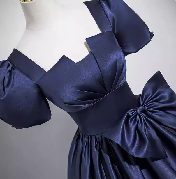 Elegant Navy Blue Square Neck Puff Sleeve Bow Satin Long Classy Prom Dress