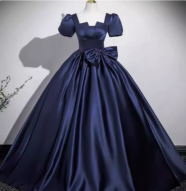 Elegant Navy Blue Square Neck Puff Sleeve Bow Satin Long Classy Prom Dress