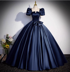 Elegant Navy Blue Square Neck Puff Sleeve Bow Satin Long Classy Prom Dress