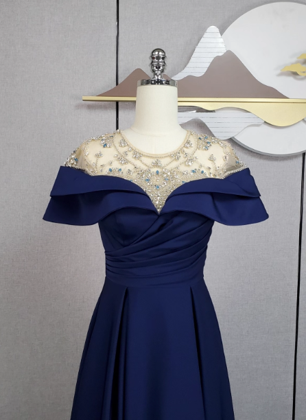 Elegant Navy Blue Train Beaded Satin Classy Prom Dress