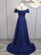 Elegant Navy Blue Train Beaded Satin Classy Prom Dress