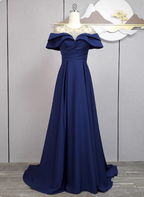 Elegant Navy Blue Train Beaded Satin Classy Prom Dress